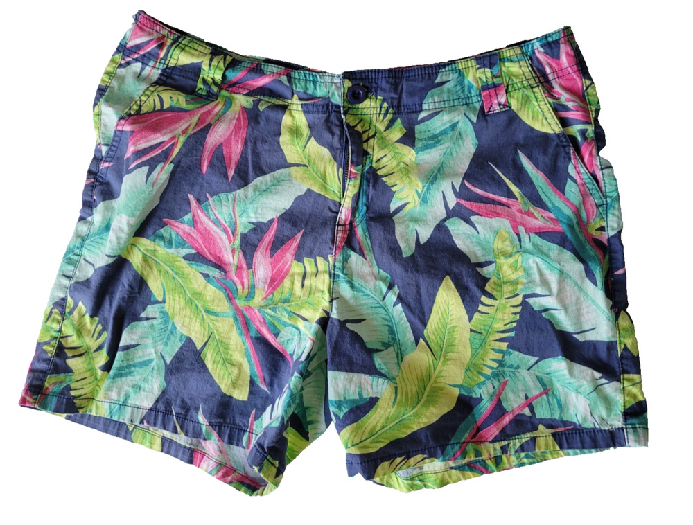 Fresh Womens 10 Tropical Floral Palm Leaf Chino Shorts Navy Green Pink
